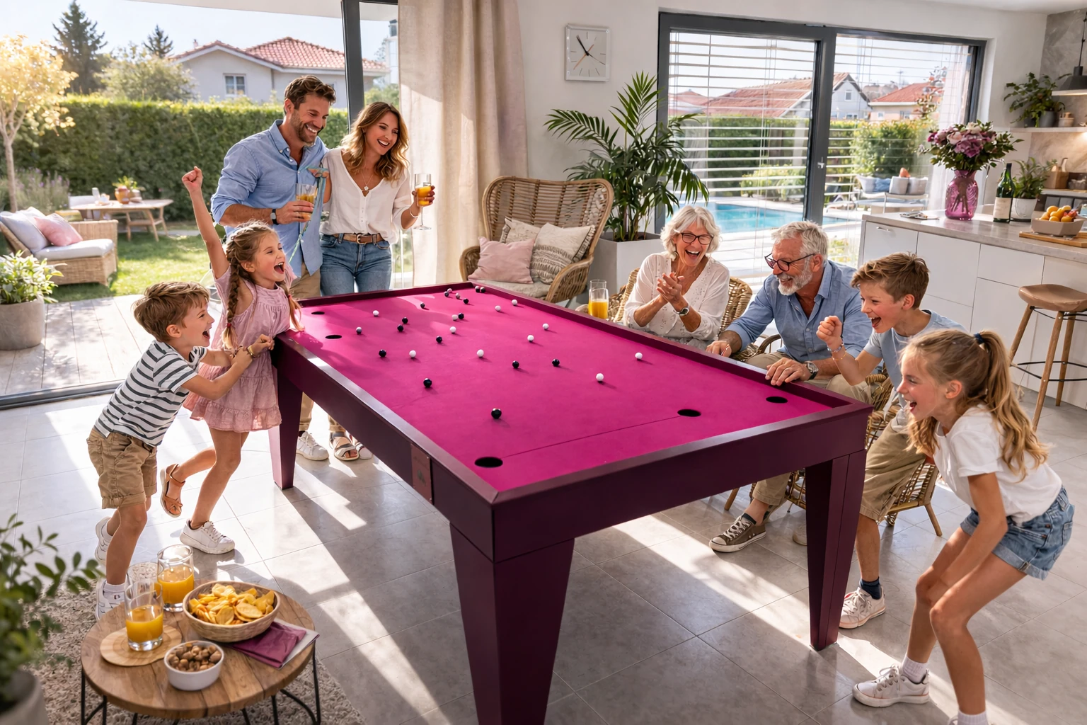 Famille effectuant une partie du jeu de billes sur table Golfank